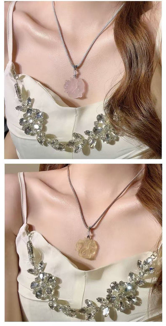 天然石ネックレス,天然石ペンダント,九尾,天然水晶,ローズクォーツ